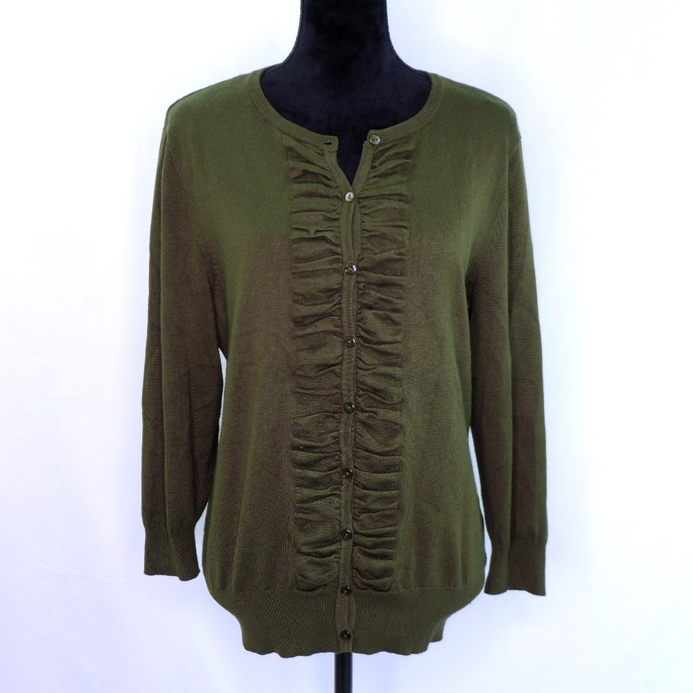 Pine Green pinned Ruffle front Cardigan Carolyn Taylor XL